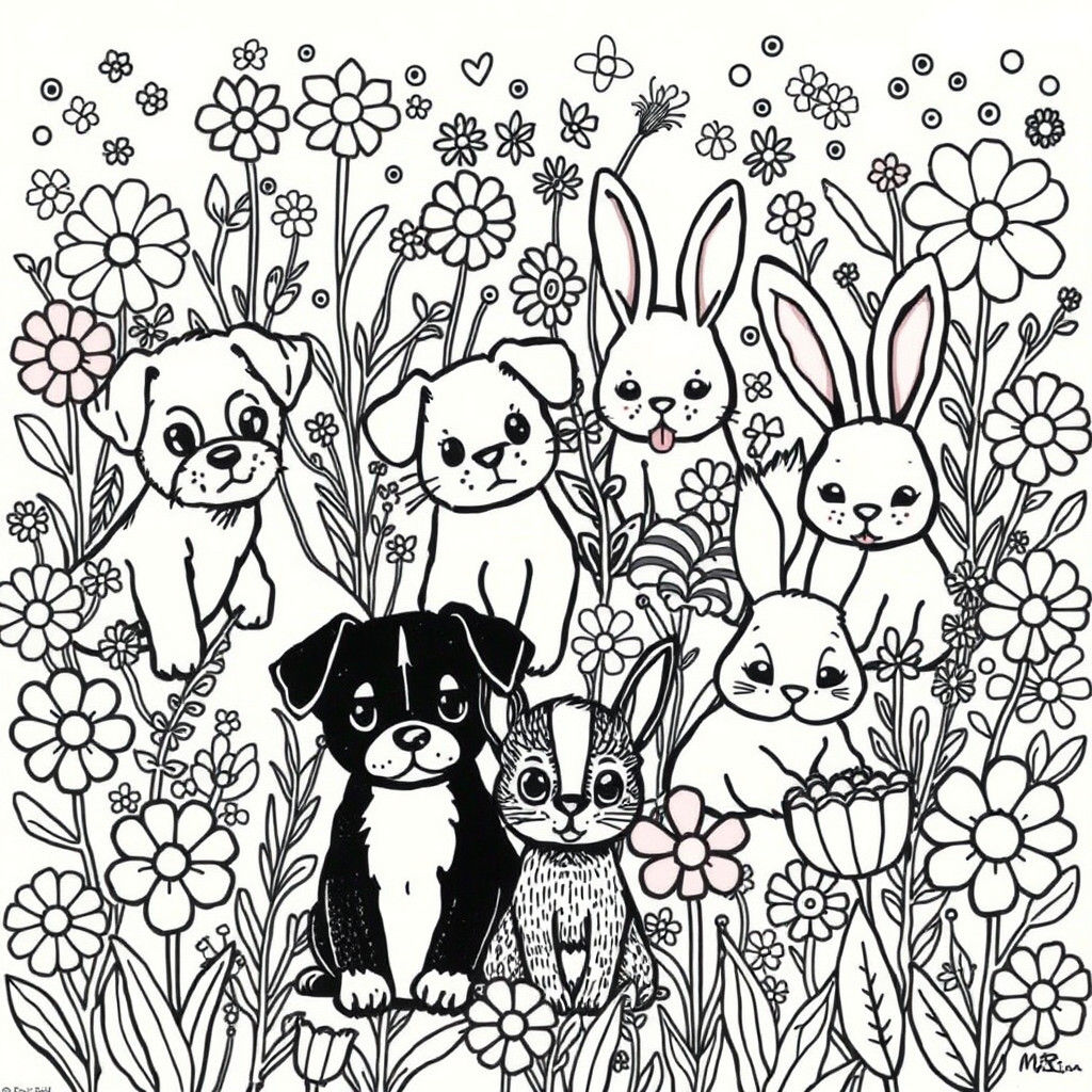 Playful Doodle Art: Puppies, Kittens, and Bunnies