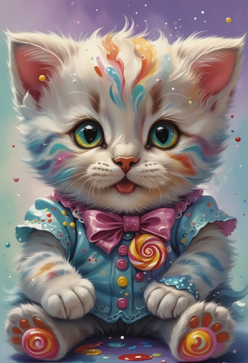 Kitten in a Candyland Wonderland as Gouache Art