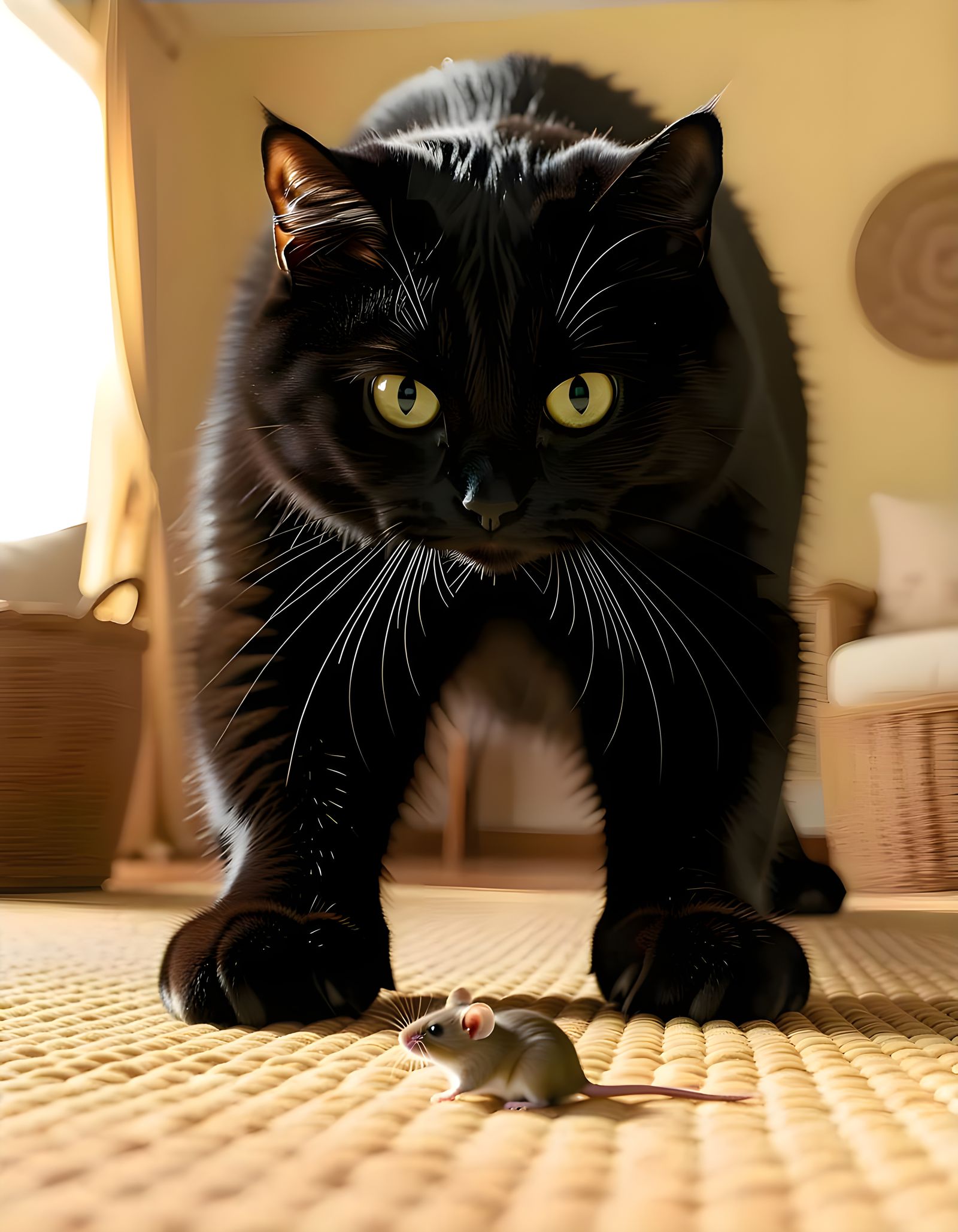 A beautiful very  gigantic black cat looking down with his paws ready to grab a mouse running around the beautiful livin...