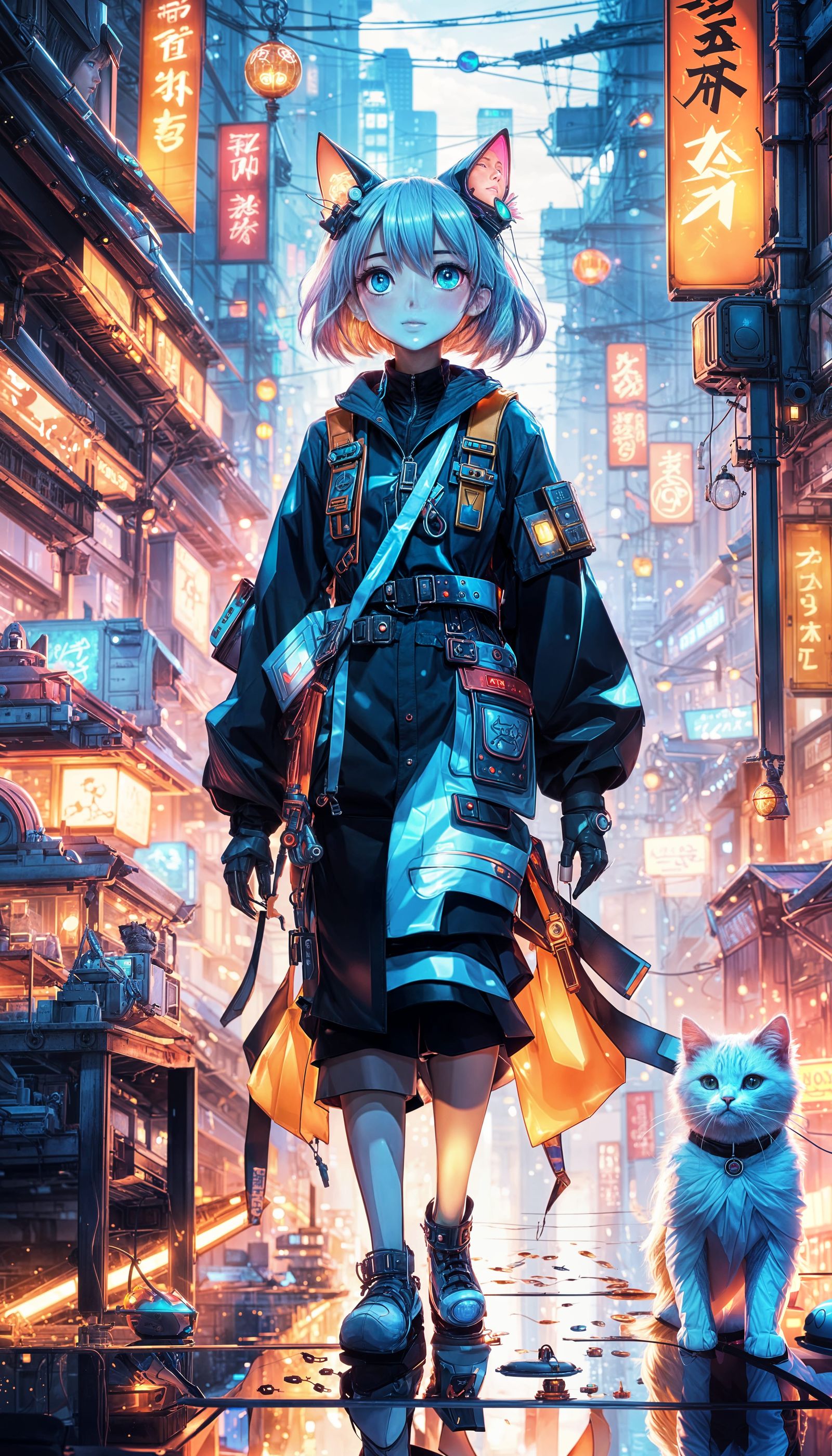 Cyberpunk Veterinary Doctor Cat Girl in Neon Japanese City