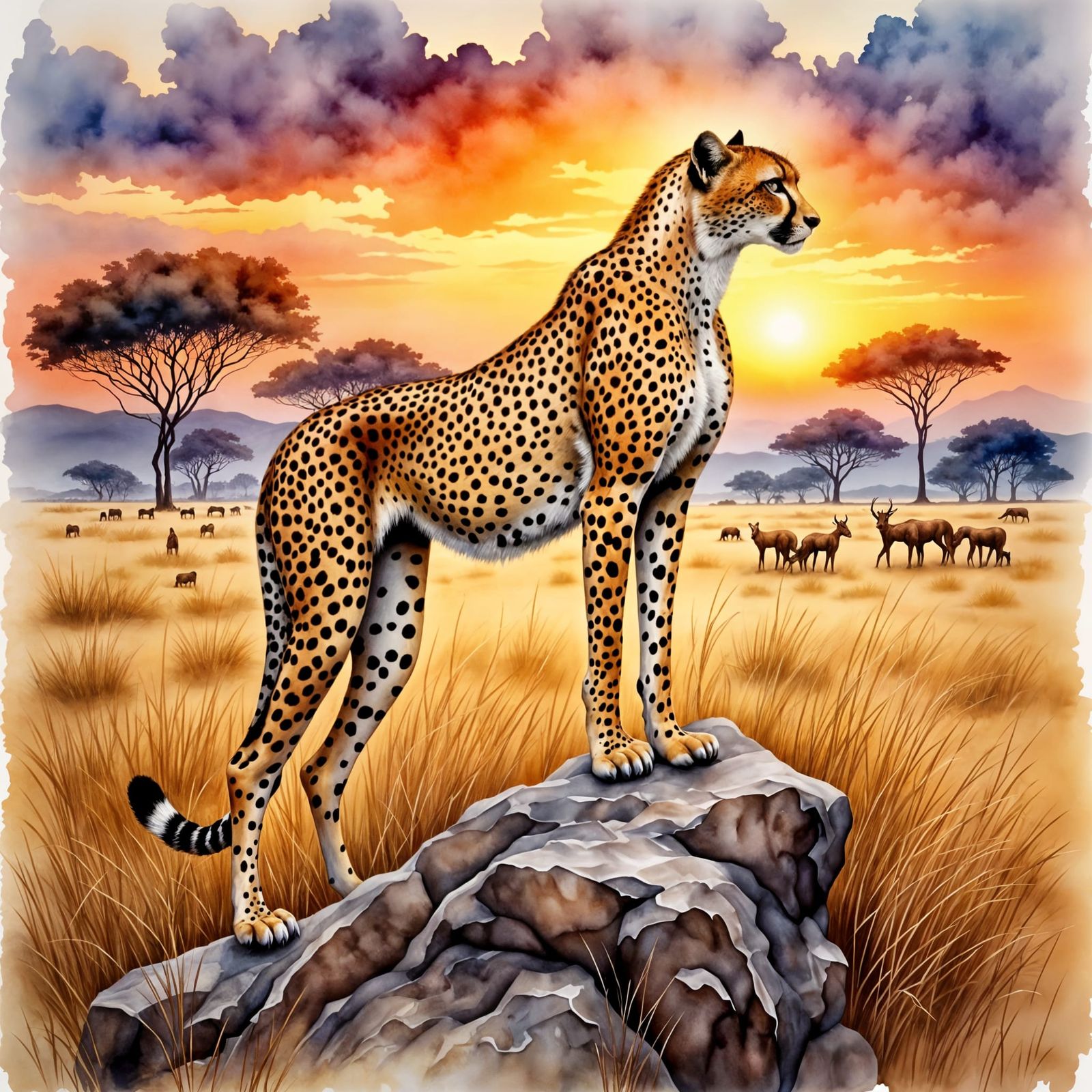 Elegant Watercolor Cheetah in Sunset Glow