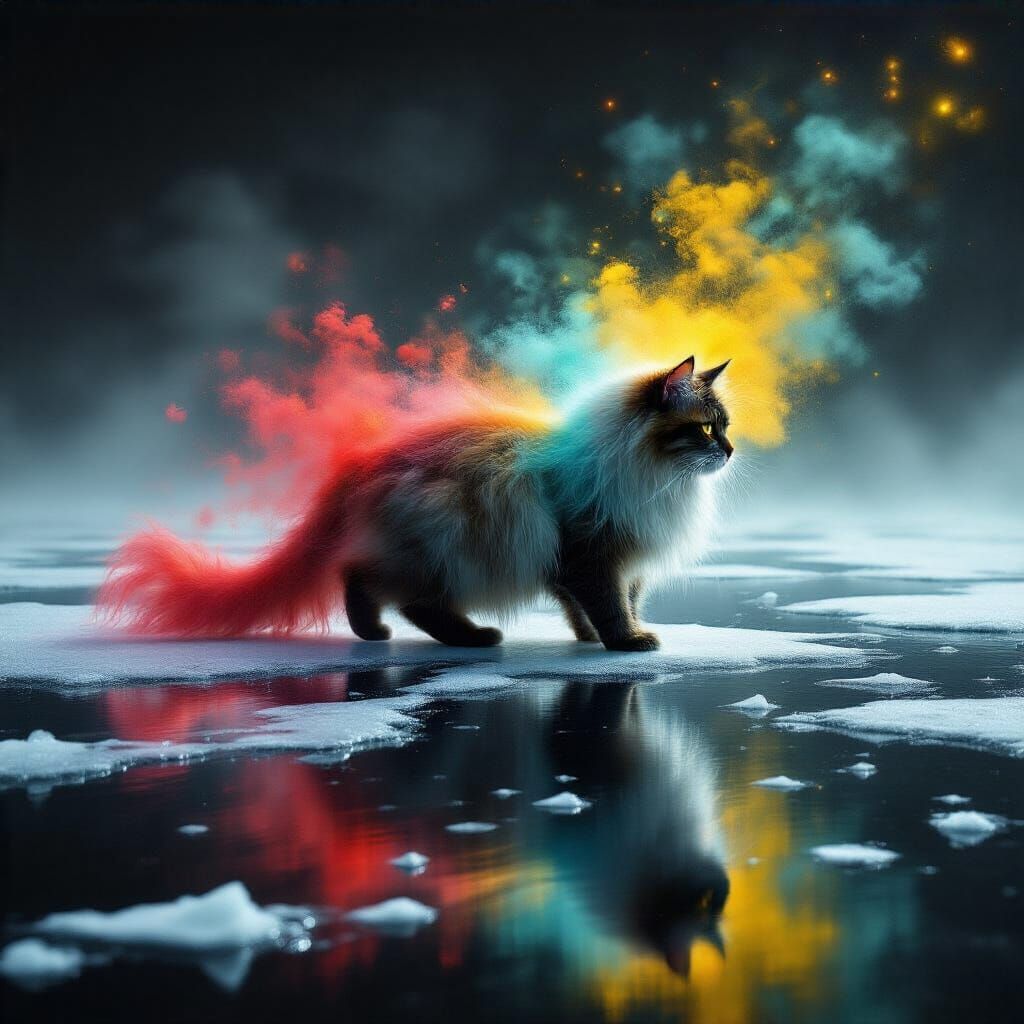 Aerogel Cat Drifting on Black Ice in Dreamlike Digital Art