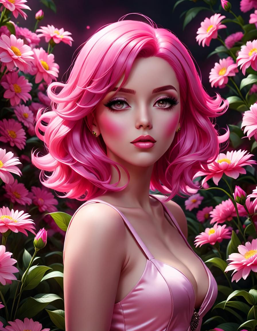 Pink Lady with Flowers in Digital Art Style