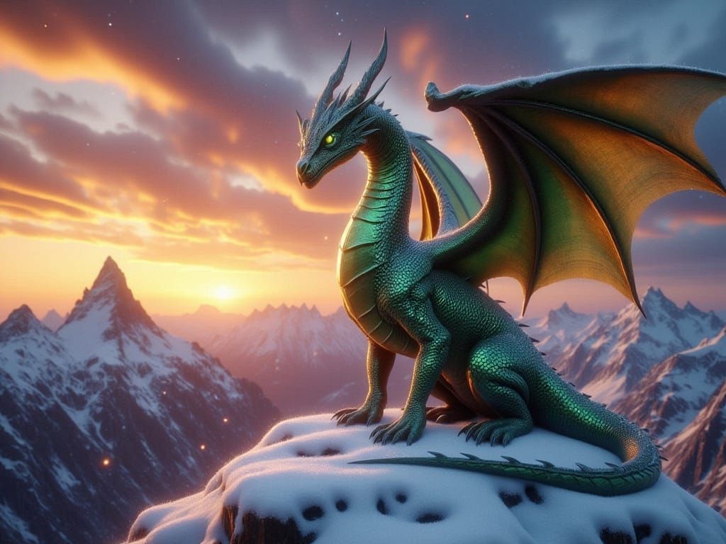 Majestic Dragon on Snowy Mountain Peak