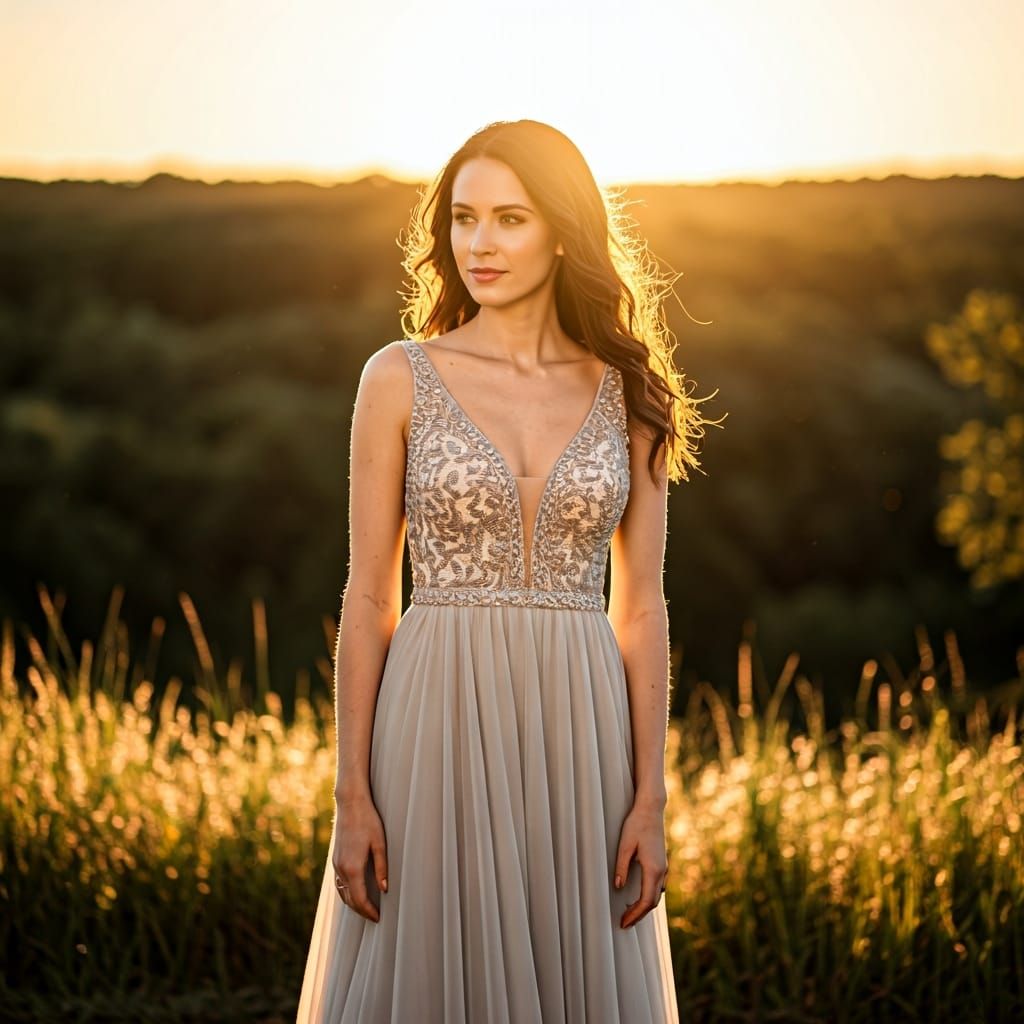 Elegant Woman in Serene Landscape at Sunrise