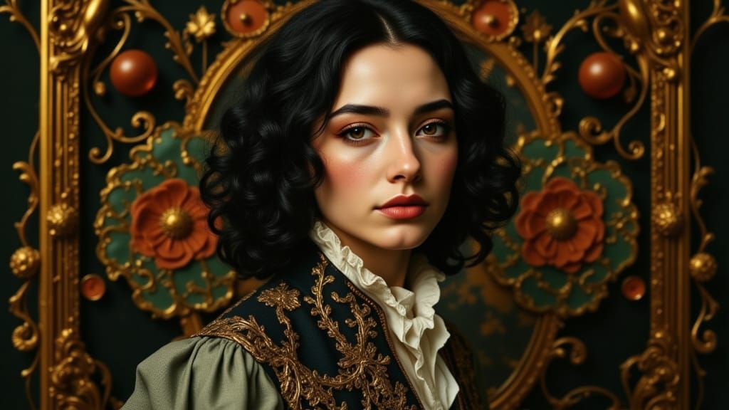 Moliere Portrait with Ornate Background in Concept Art Style