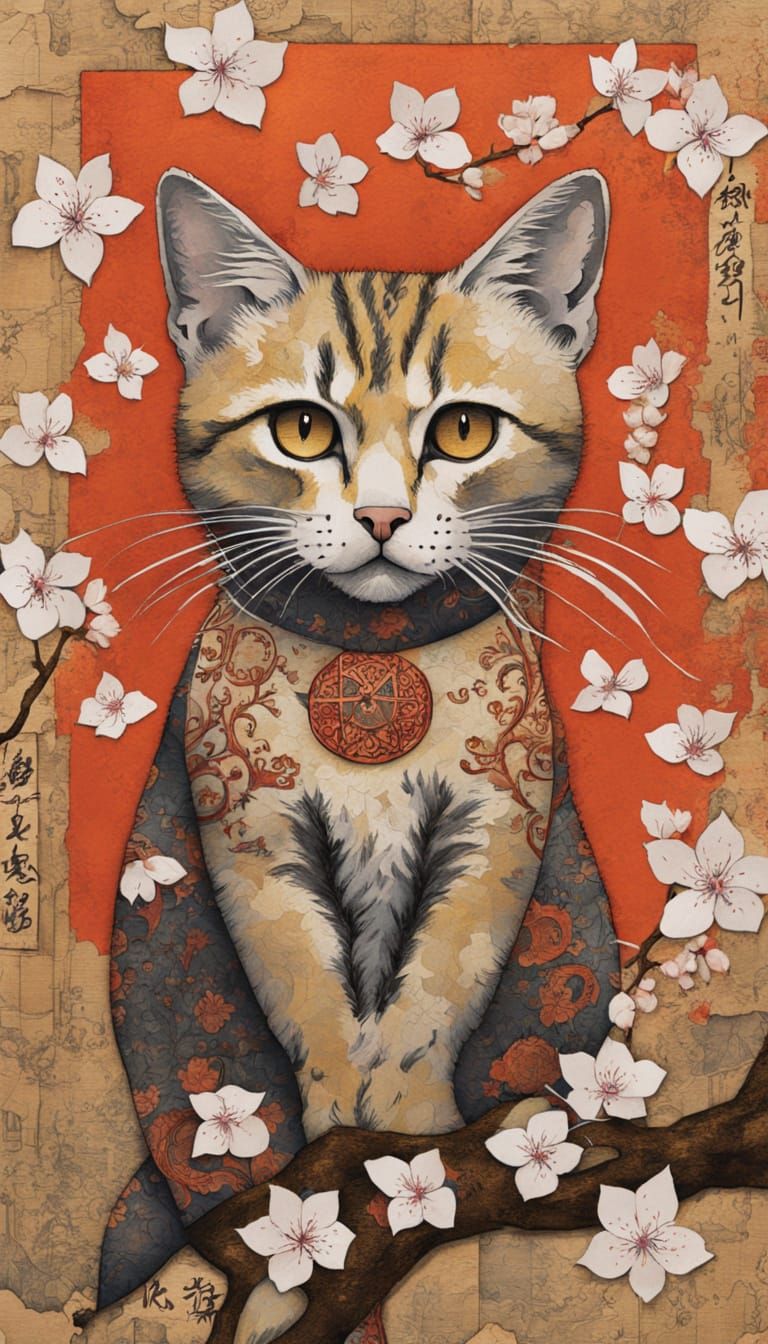 Ethereal Oriental Kitten amidst Cherry Blossoms