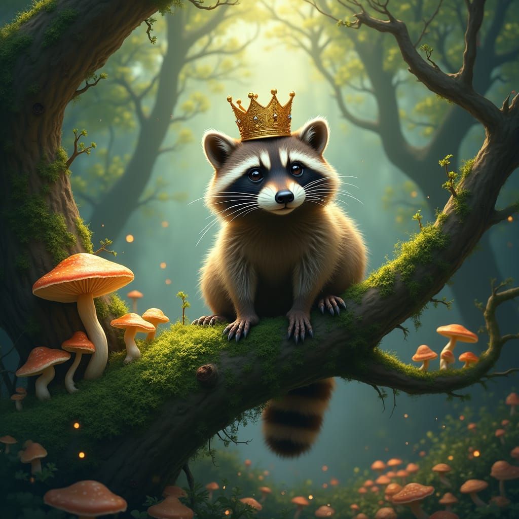 Regal Raccoon in Enchanted Forest with Glowing Mushrooms