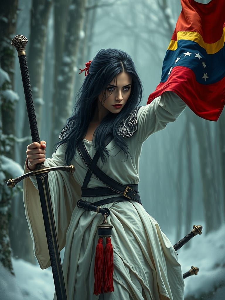 Venezuelan Warrior in Winter Forest, Hyperrealistic Art