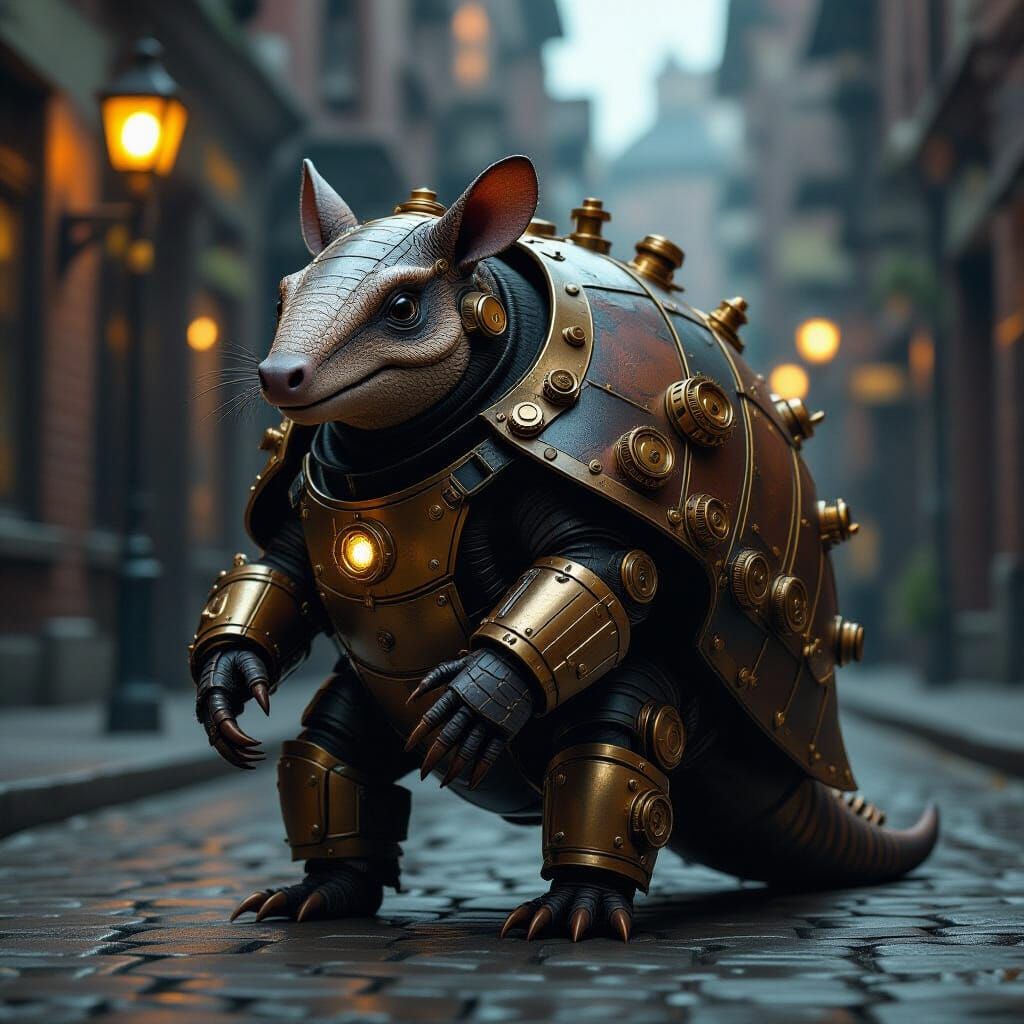 Steampunk Armadillo in Victorian Street, Hyperrealistic Styl...