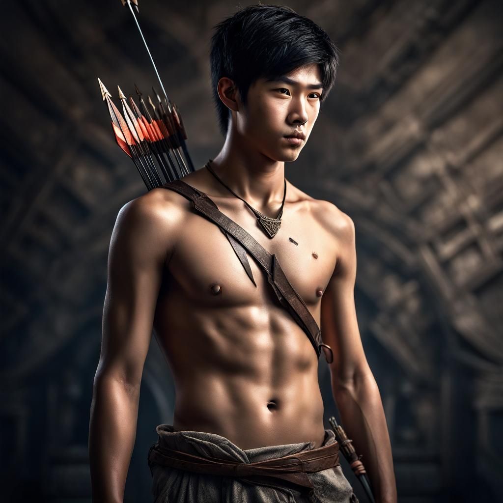 Hyperrealistic Image of Asian Man Struck by Arrows