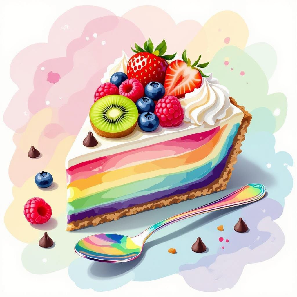 Rainbow Cheesecake Slice with Berries in Watercolor Style