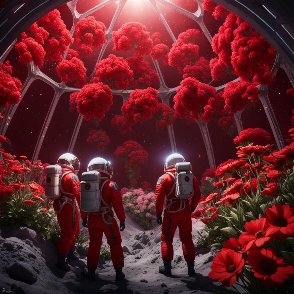 Lunar Gardeners: Men Tend Flowers in Dome