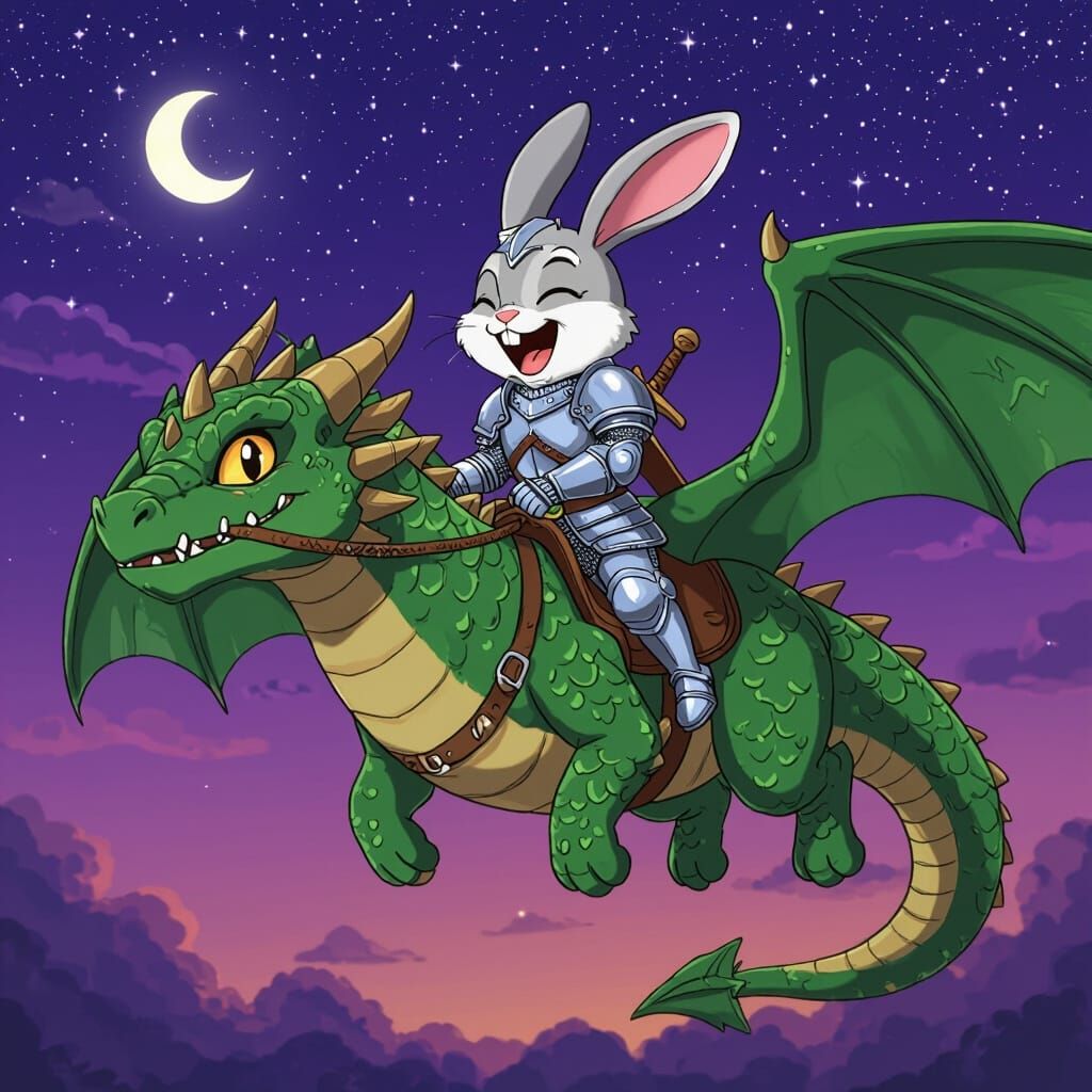 Armored Bunny Rides Dragon in Starlit Sky