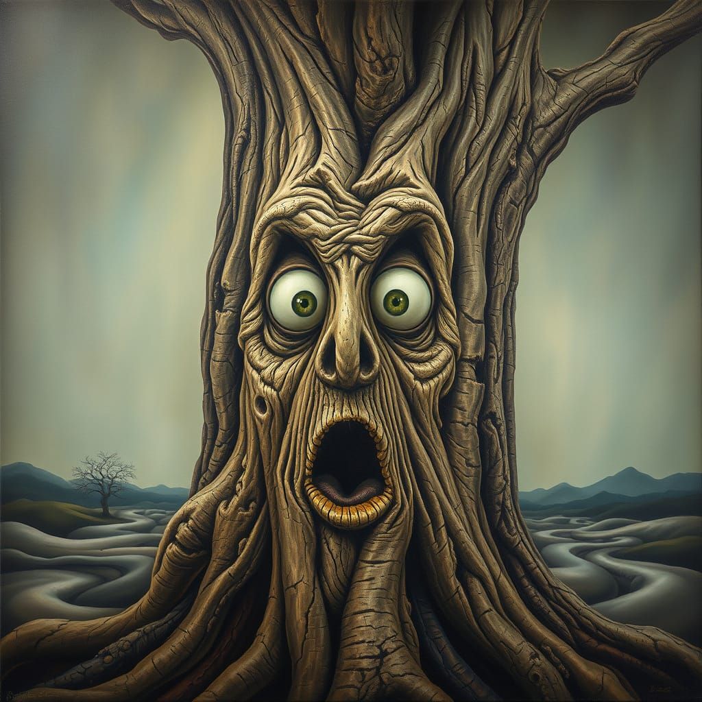 Tree Trunk as Enigmatic Portrait in Surrealist Style