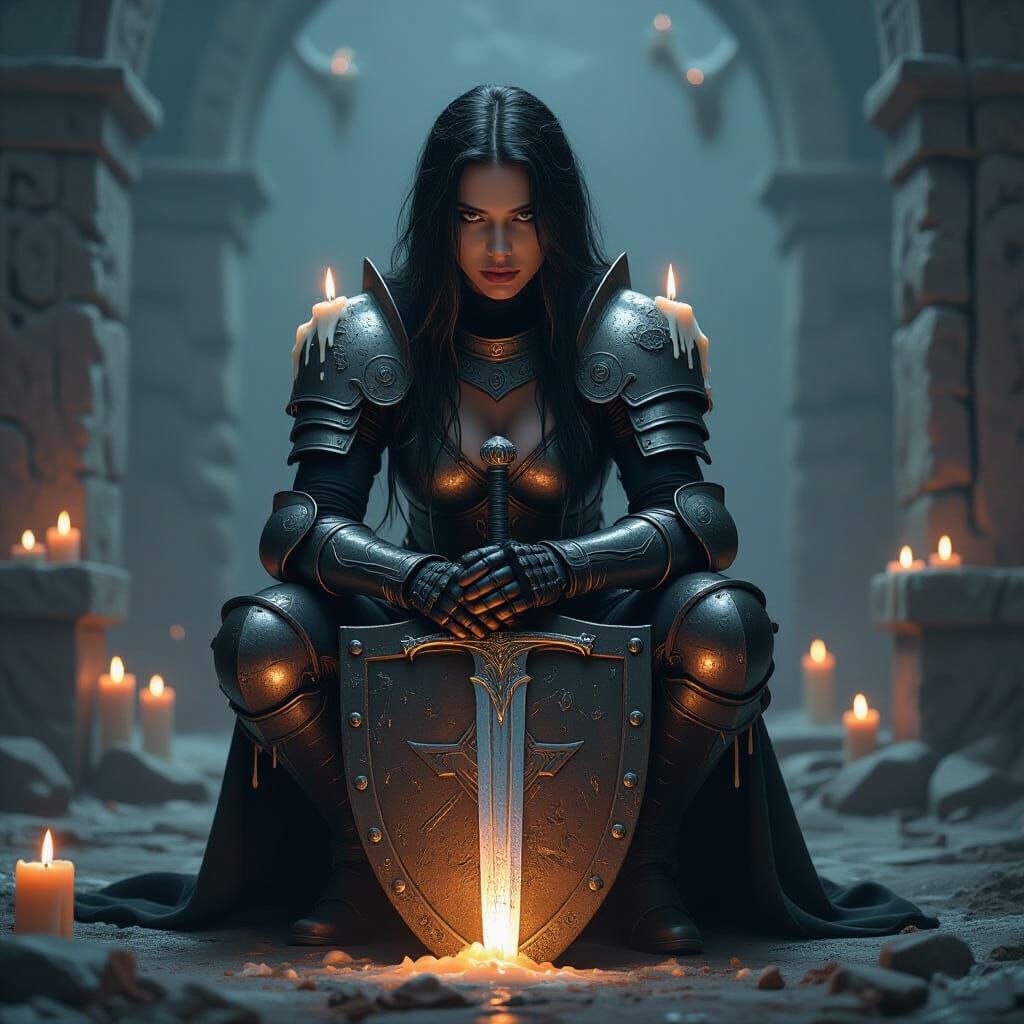 Knight Woman with Cursed Sword in Ritual Chamber