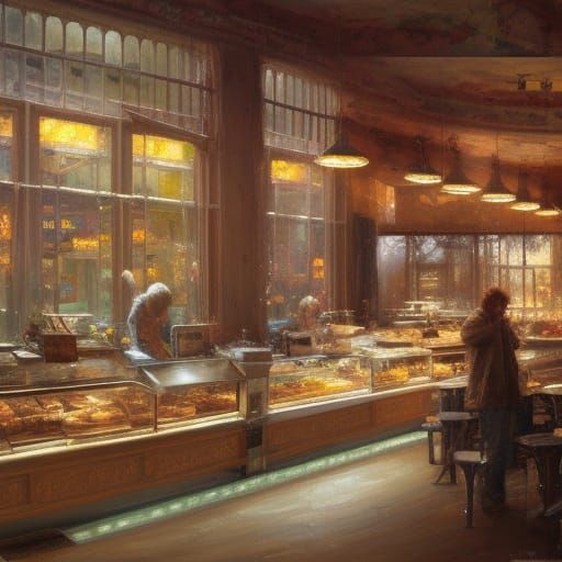 Inviting Donut Shop Interior as Oil Painting