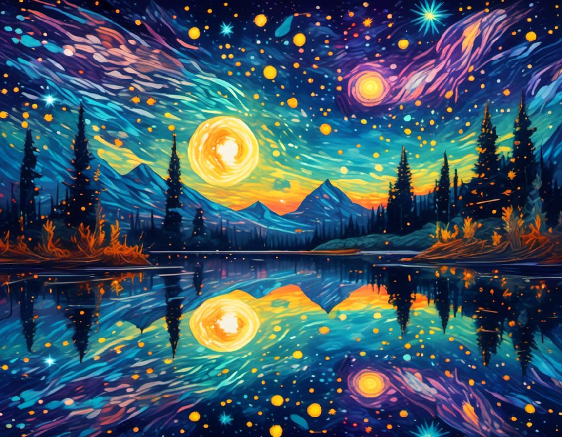 Starry Night Over Frozen Lake in Van Gogh Style