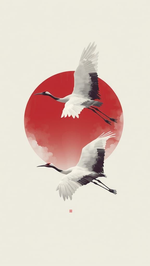 Red Sun with Elegant Cranes in Japanese Minimalist Style