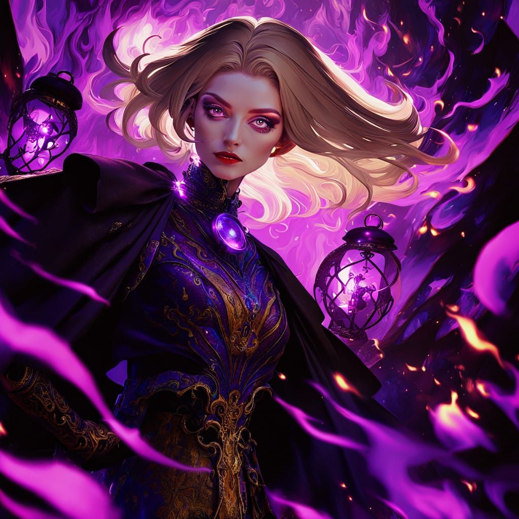 Confident Dark Fantasy Maiden in Swirling Flames