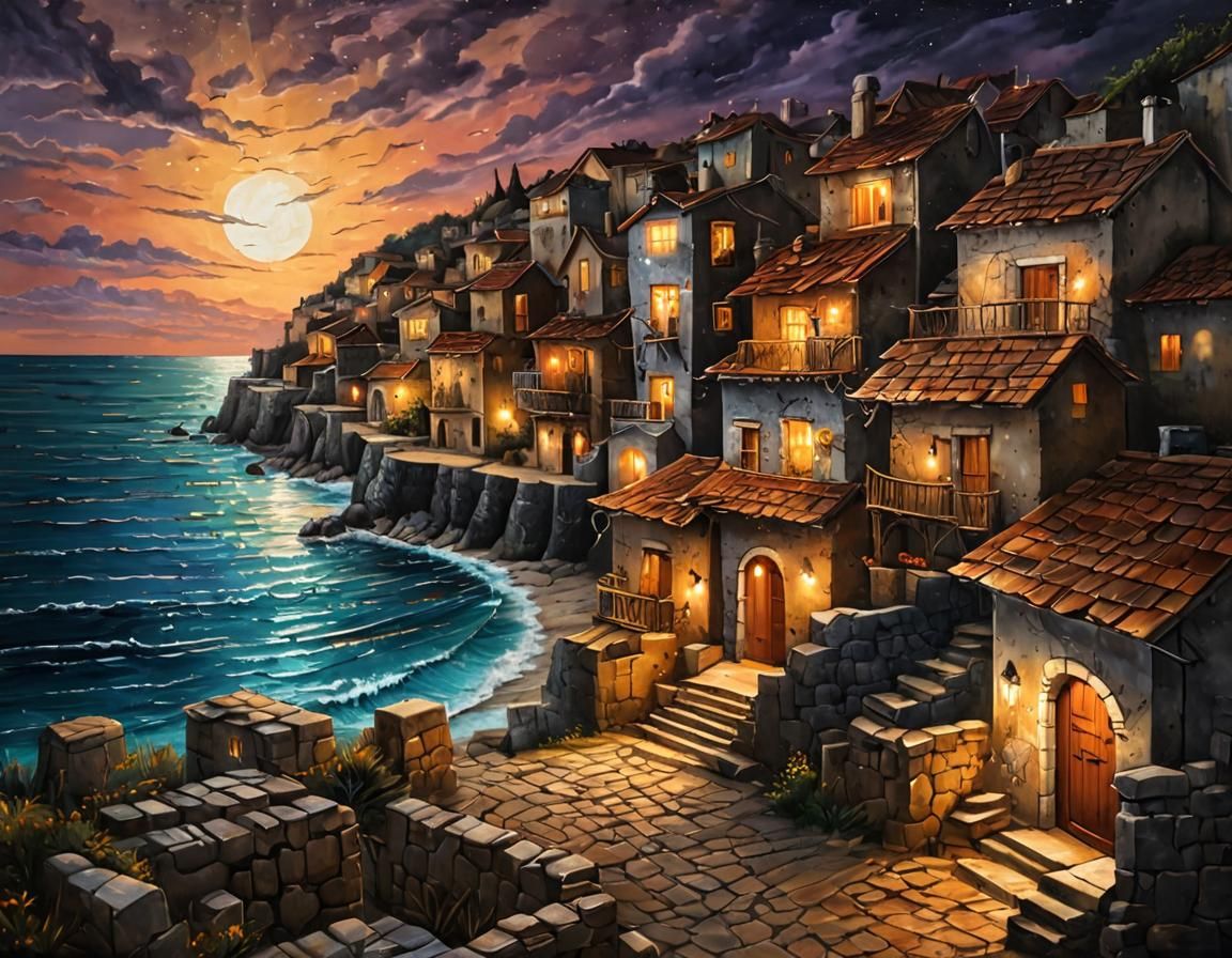 Masterpiece Acrylic painting, rustic,cracked
A Street in an ancient seaside town, summer sunset, warm lighting Stone ho...