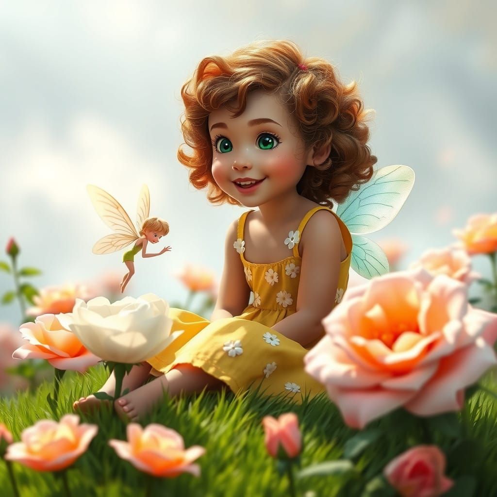 Whimsical Garden Scene of Girl and Fairy in Bloom