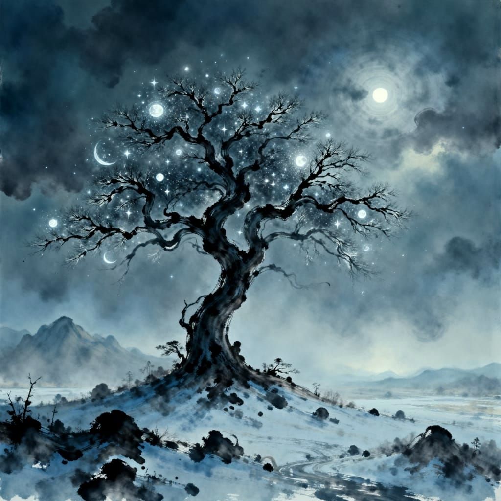 Spectral Tree Adorned with Ethereal Lights in Dark Fantasy A...