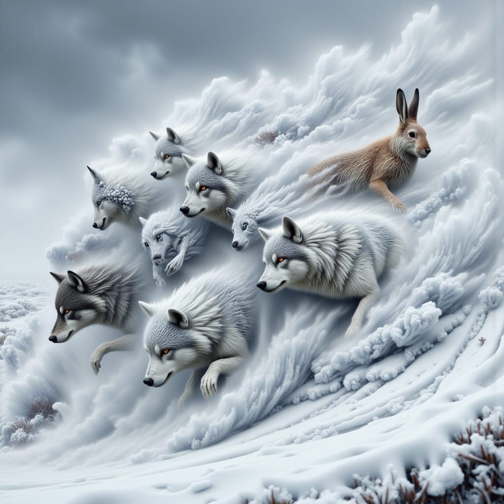 Winter Wolves Chase Snowy Hare in Swirling Snowflakes