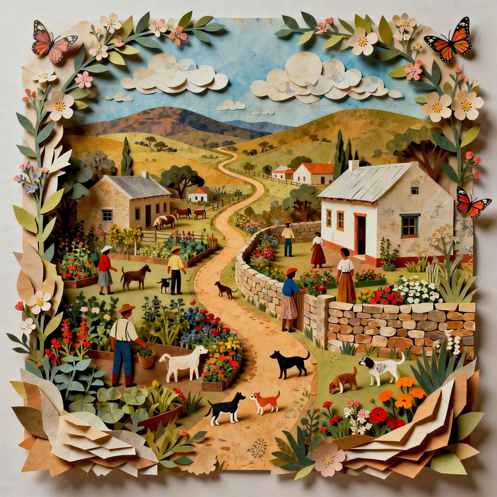 Vibrant Vintage South African Village in Folk Art Style