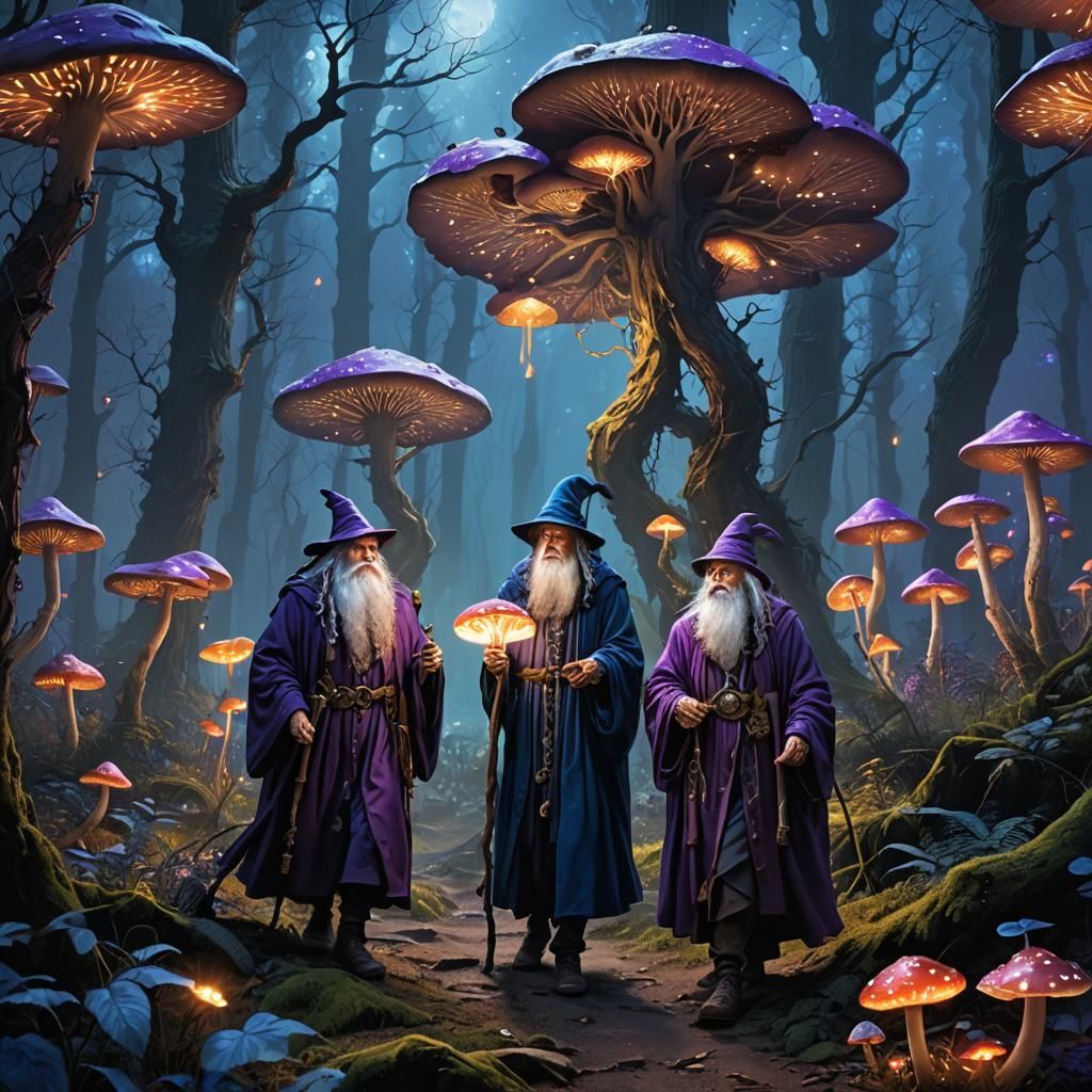 Mystical Wizards in Enchanted Forest at Night
