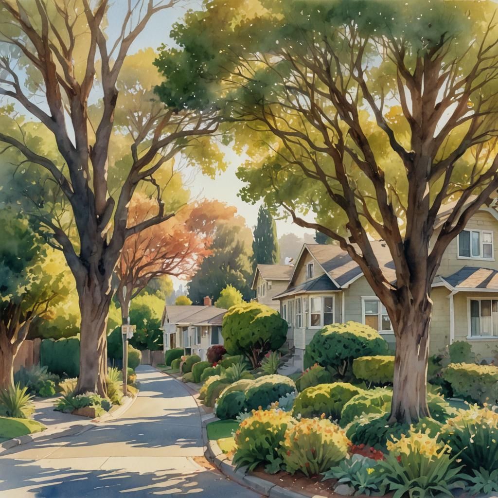 California Home in Watercolor Suburban Landscape