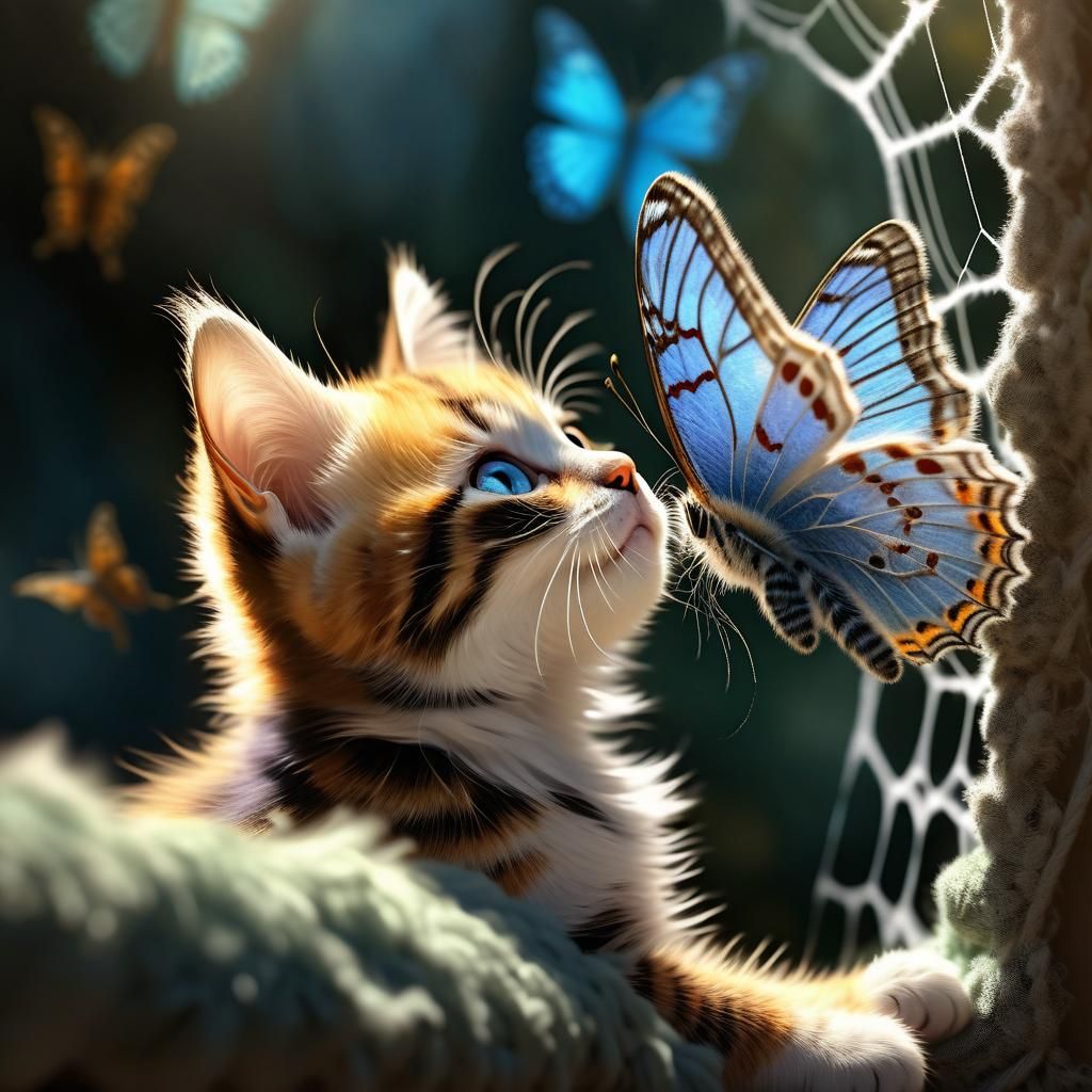 Fluffy Kitten and Butterflies in Spiderweb