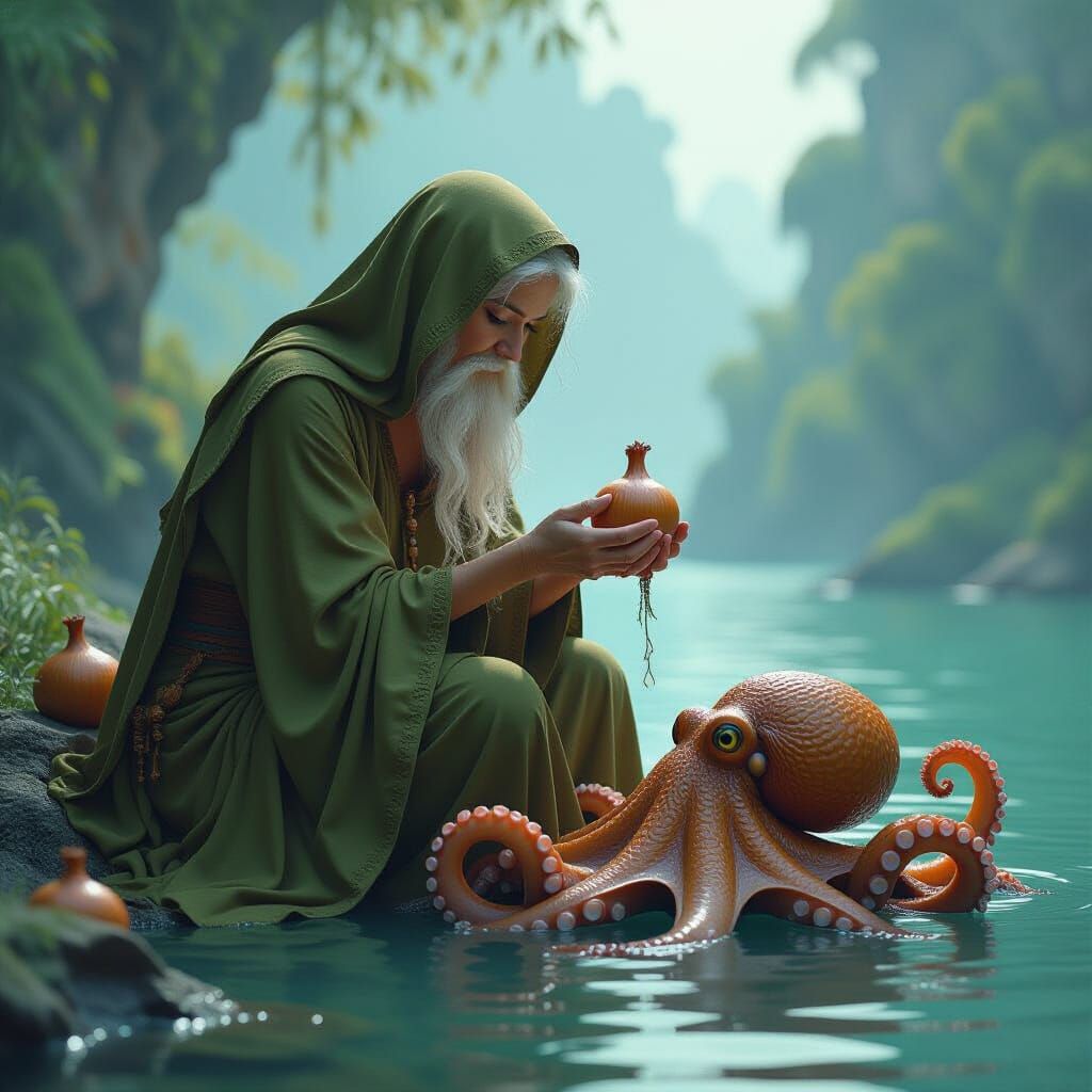 Enchantress Mystically Feeds Octopus Onions: Ethereal Illust...