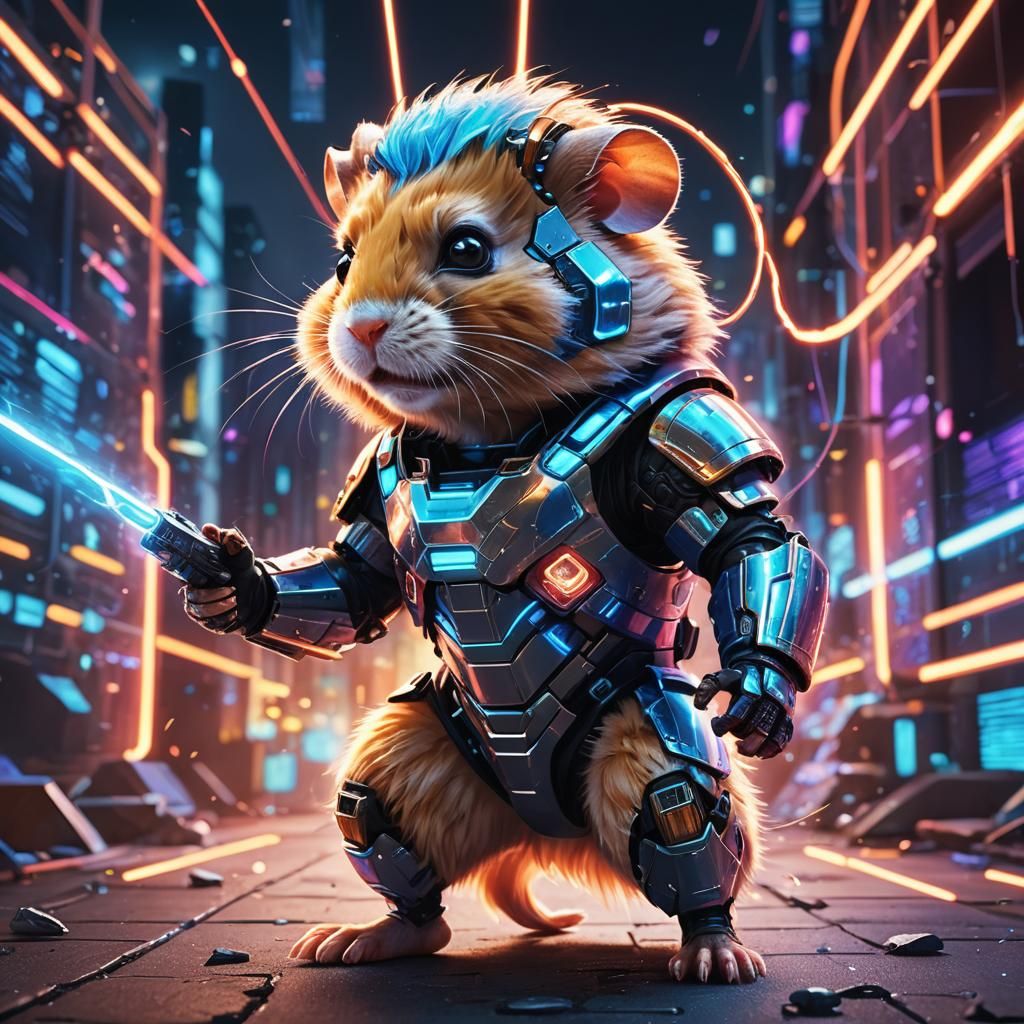Hamster in Quantum Armor Fighting in Neon Cityscape