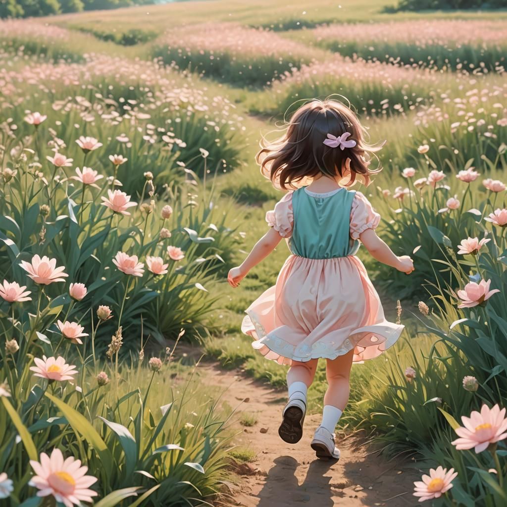 Chibi Child Running Through Field in Pastel Colors