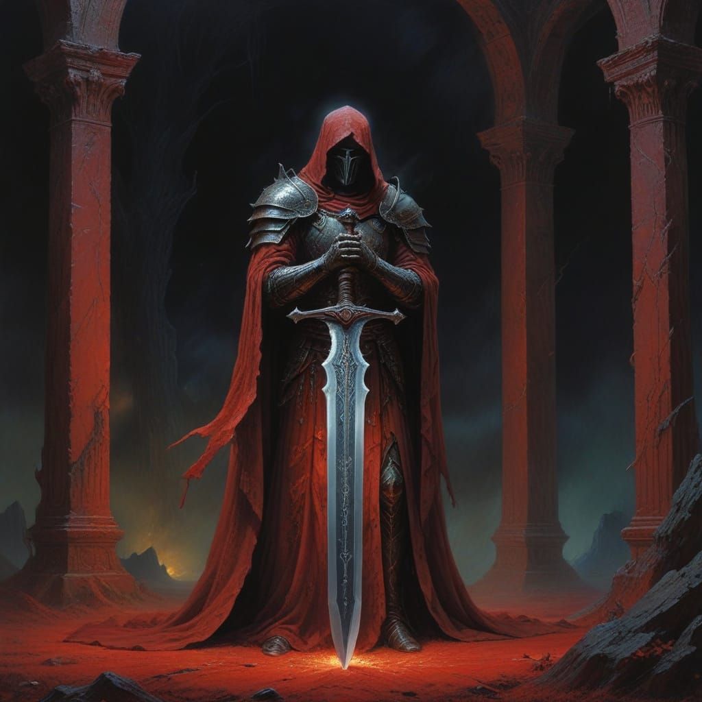 Heroic Fighter with Majestic Greatsword on Velvet Altar