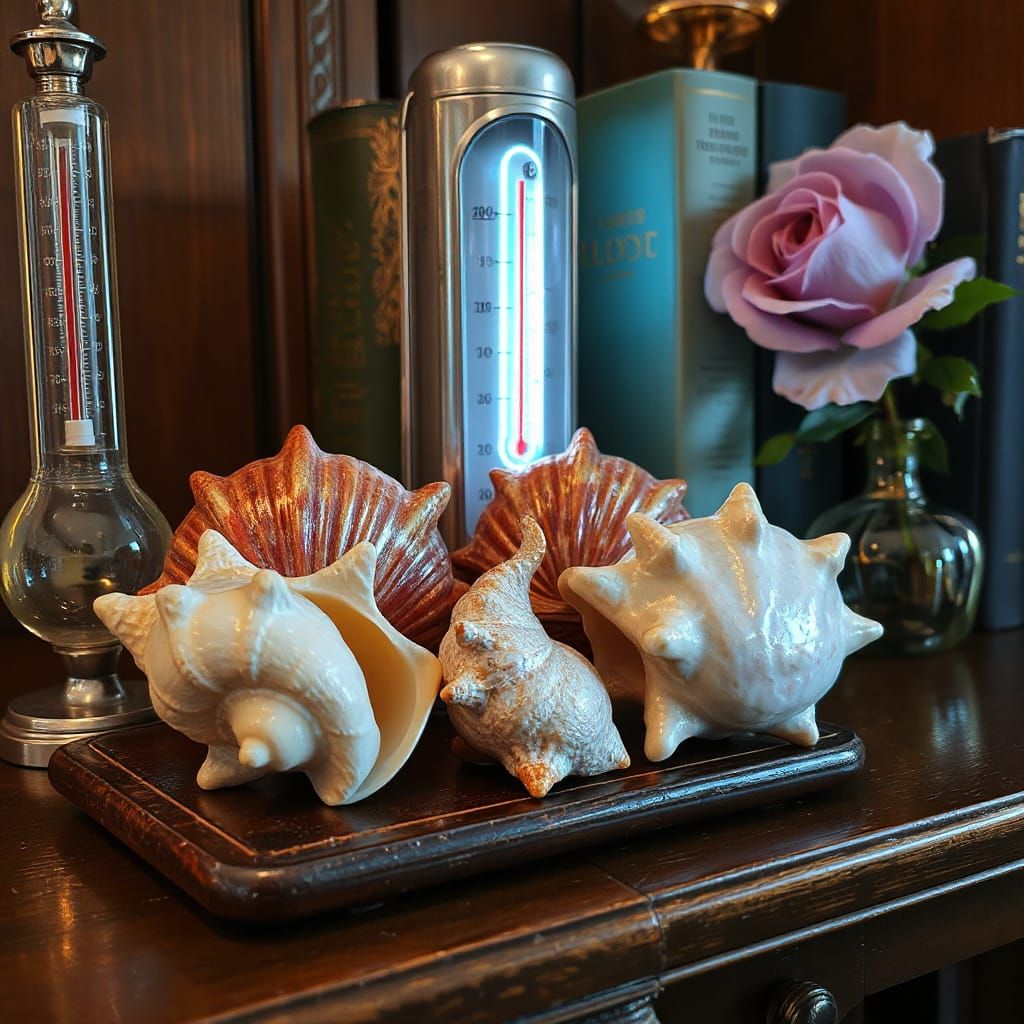 Iridescent Seashells on Scientist's Bookcase