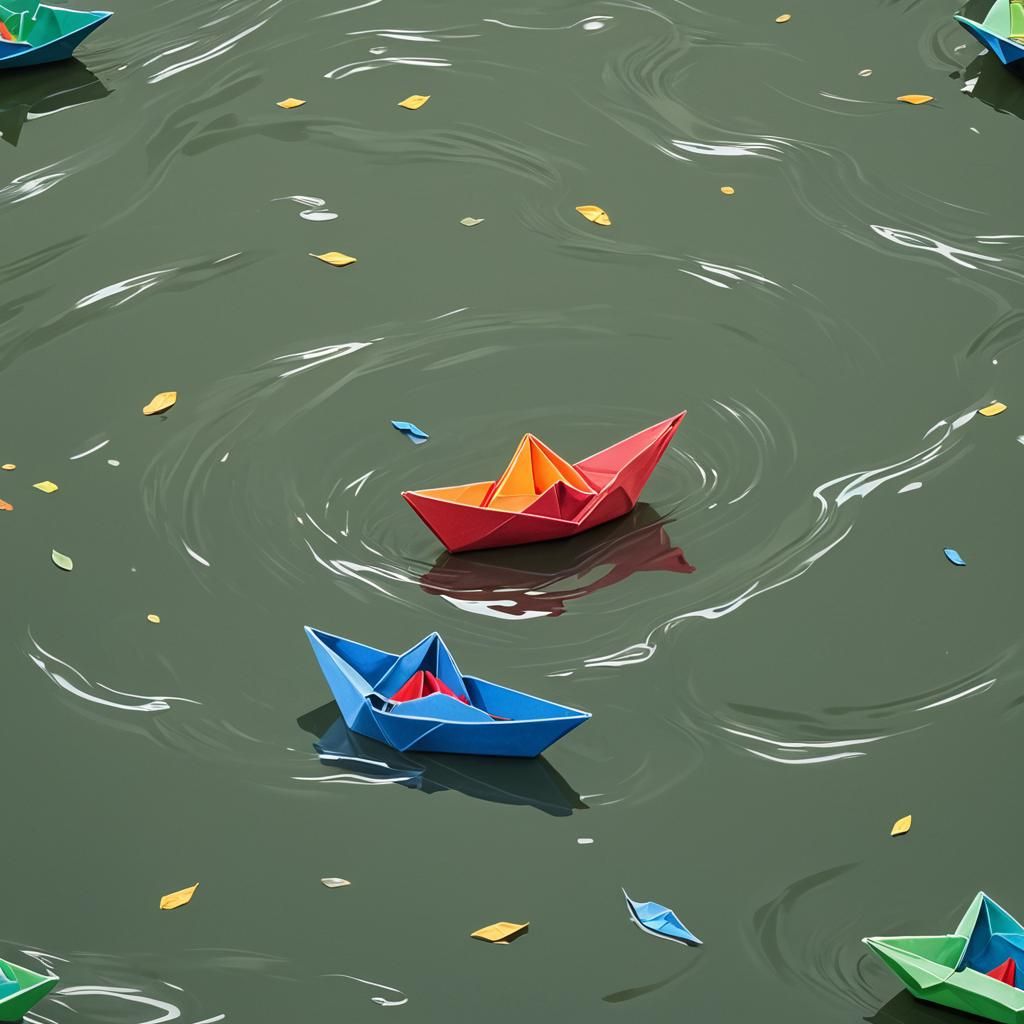 Origami Boat on River: Abstract Art in Detail