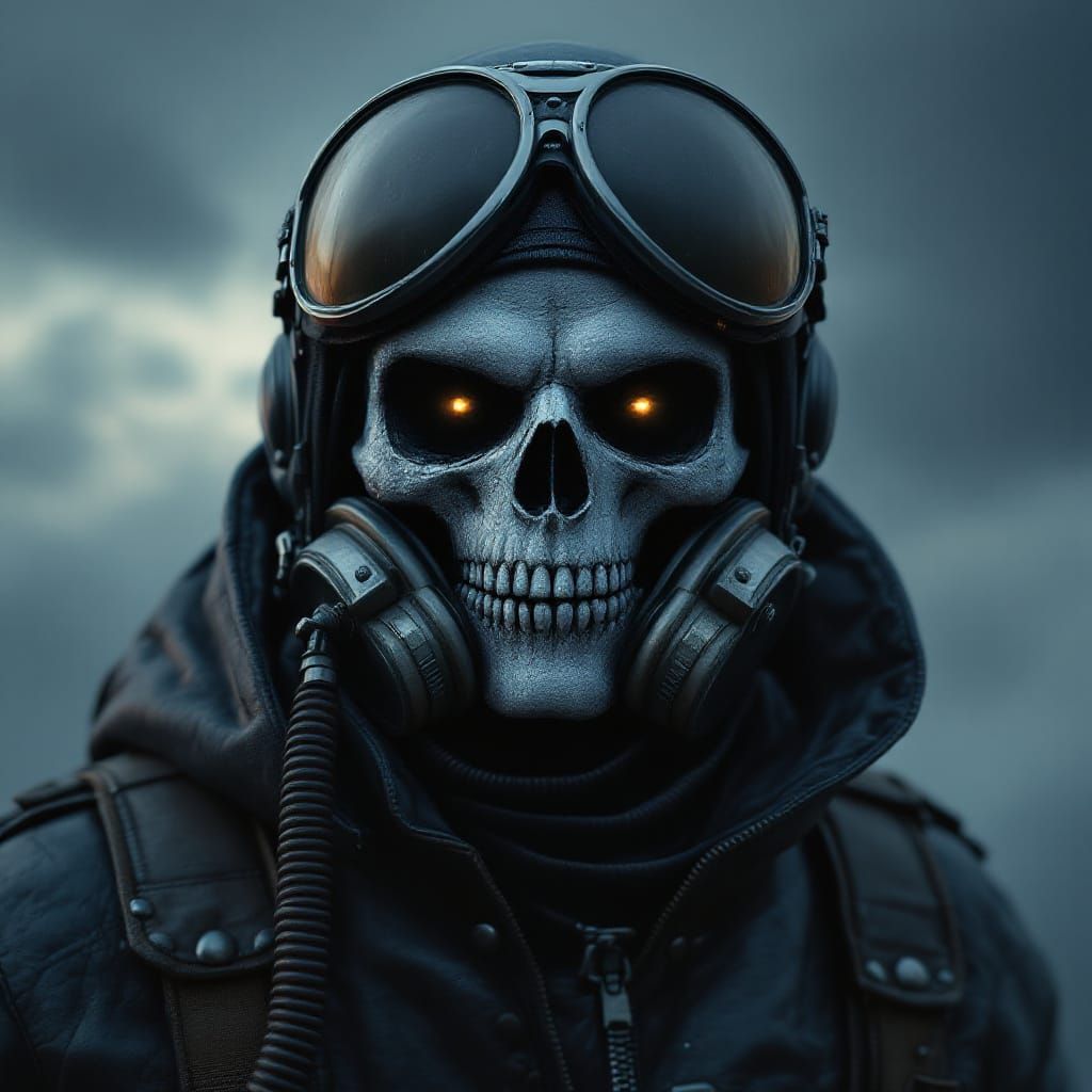 Ghostly Fighter Pilot with Skull Face in Stormy Skies