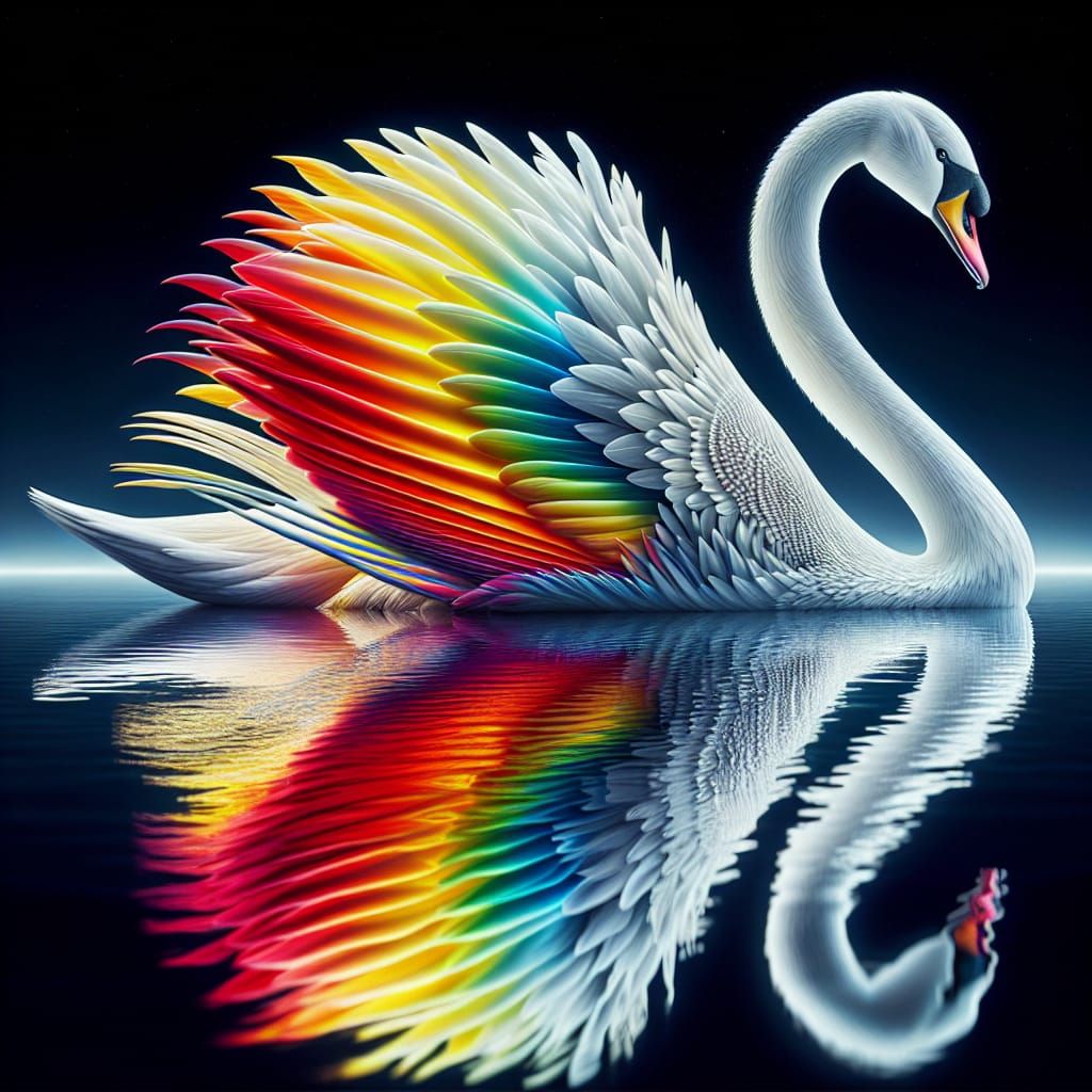 Iridescent Rainbow Swan on Reflective Lake