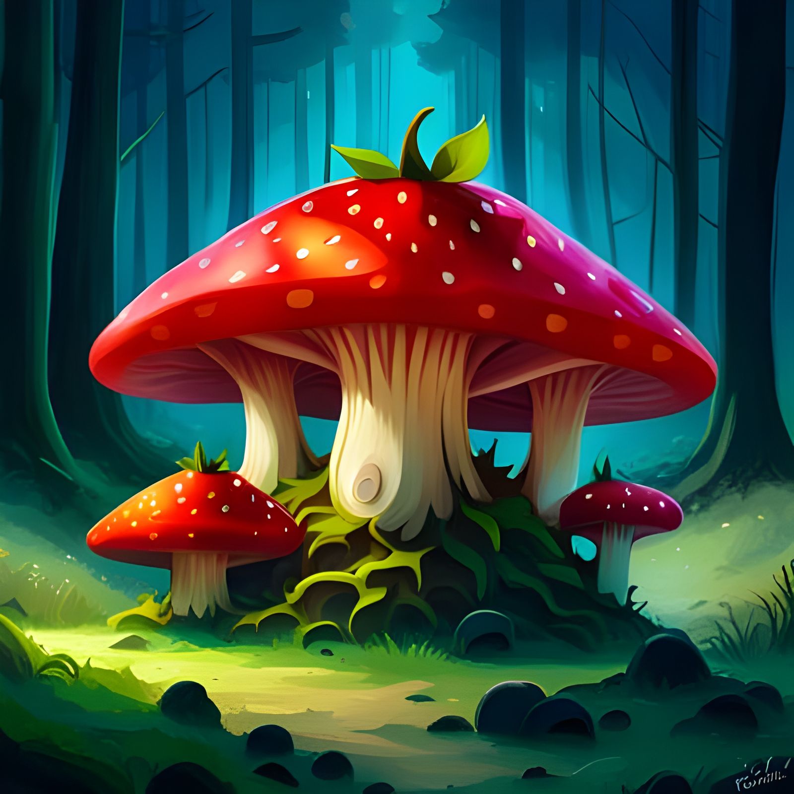 Enchanted Forest: Strawberry Mushrooms in 3D Digital Art