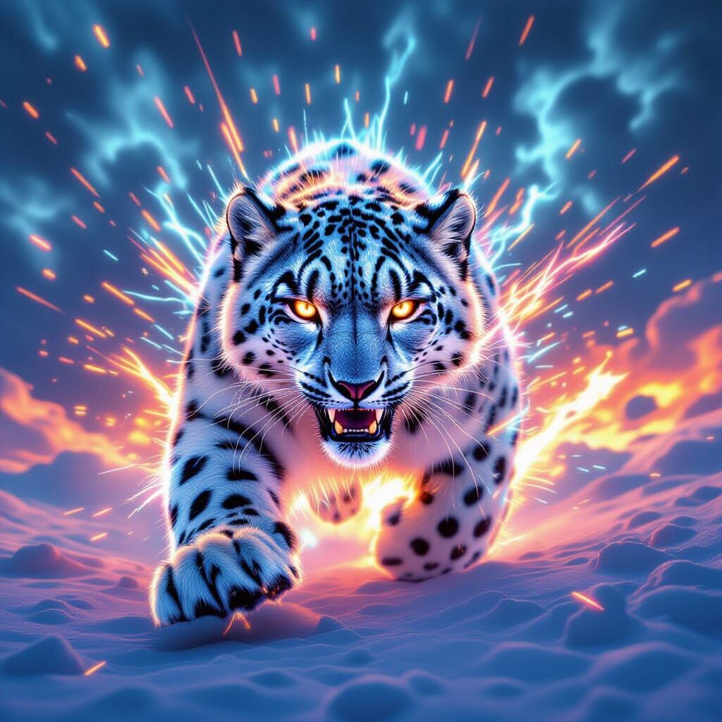 Snow Leopard Leaps with Neon Runes in Dystopian Style
