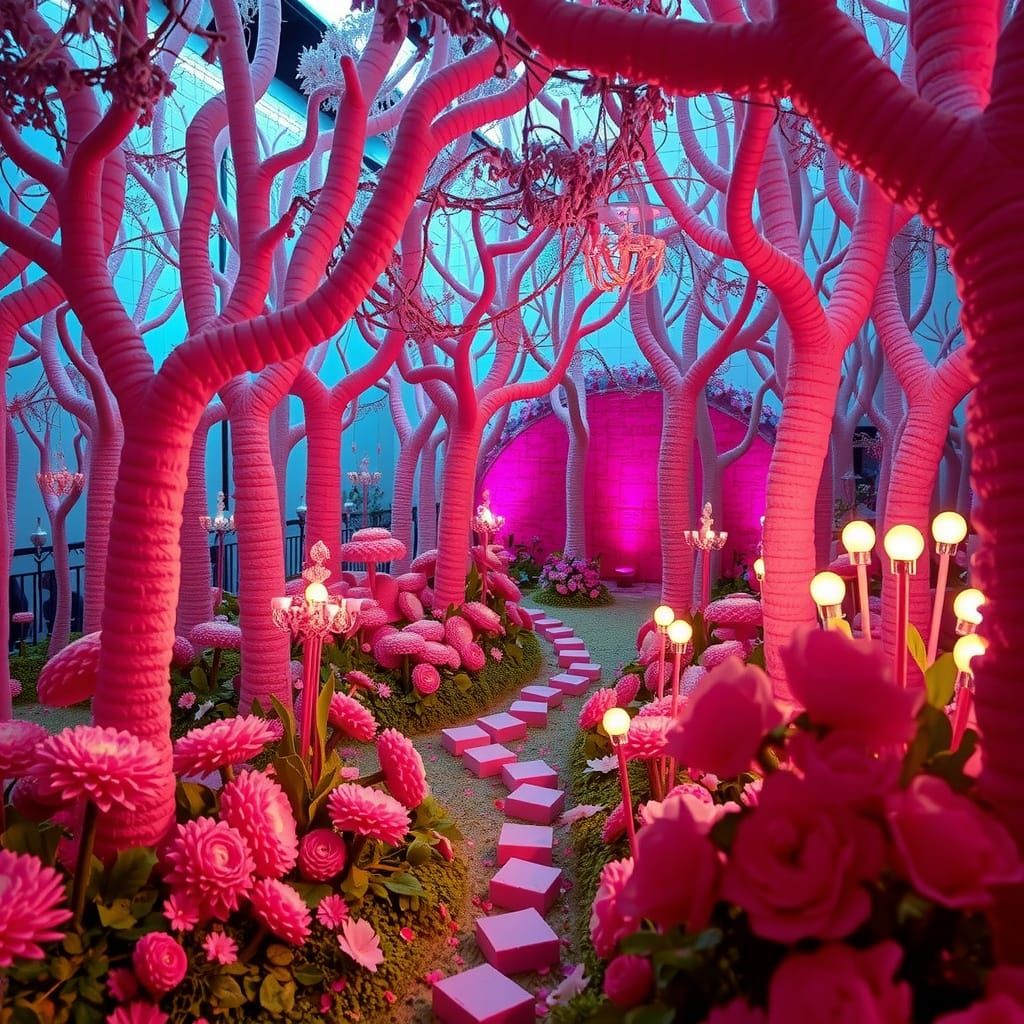 Whimsical Candy Forest in Dreamlike Eerie Pink Glow