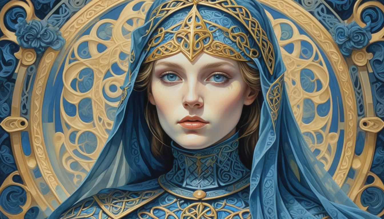 Celtic Knight with Veil in Psychedelic Gouache Style