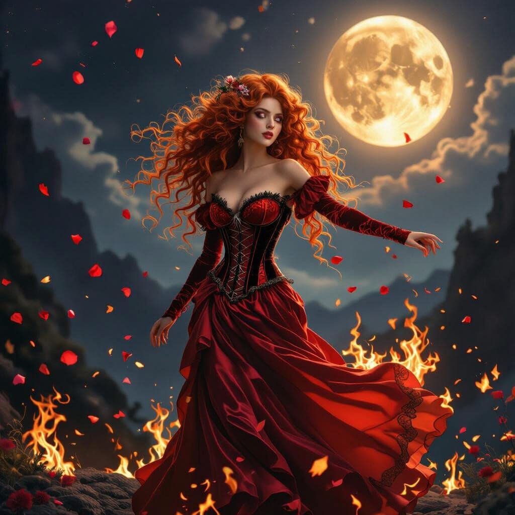 Fiery Red-Haired Mage Dancing in Moonlight, Anime Realism