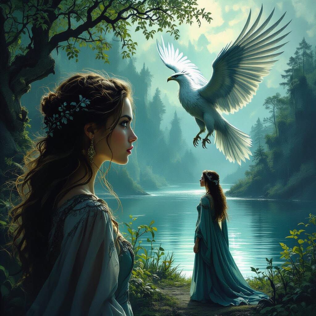 Woman Amazed by Griffin in Forest by Water