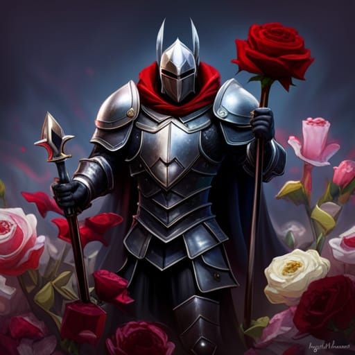 Unholy Paladin in Crimson Armor on Bed of Roses