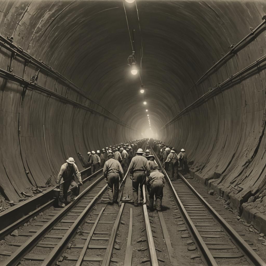 Sinister Tunnel Workers Laying Rails, Early 20th Century