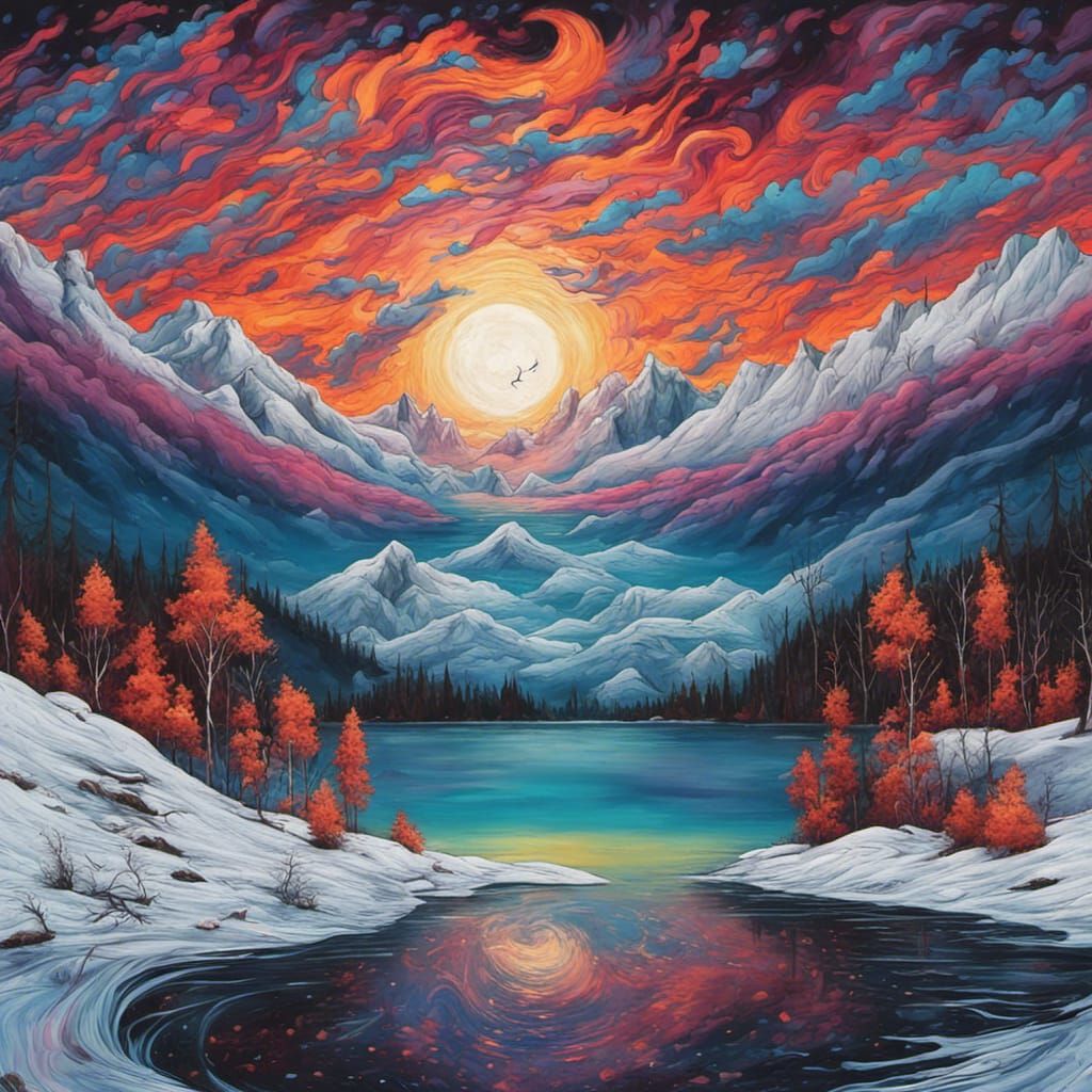 Gothic Winter Lake with Burning Sky, Graffiti Art