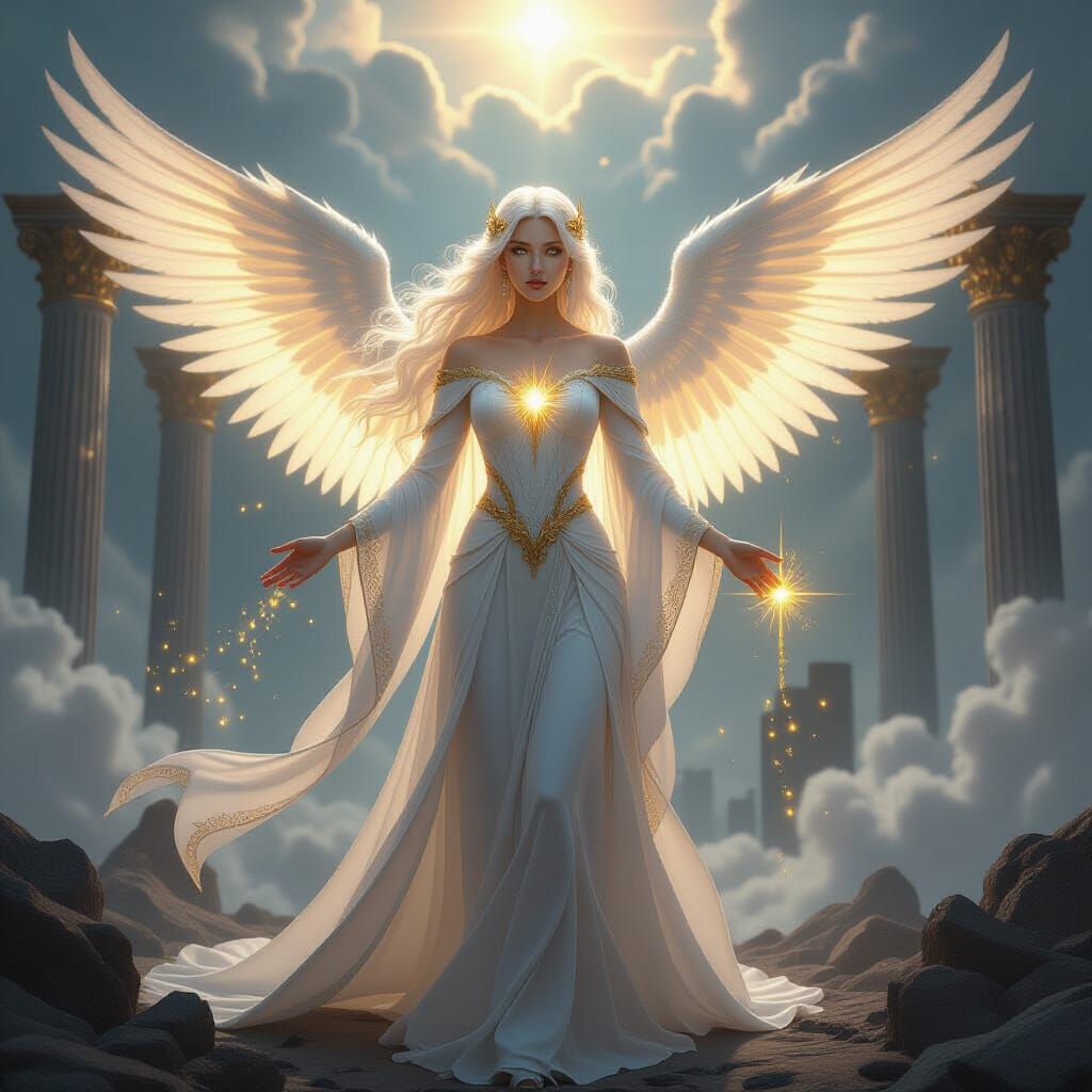 Luminous Angel in Celestial Battleground, Digital Art
